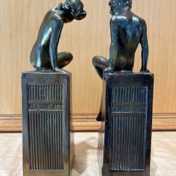 Bronze Bookends Nude Man Woman Art Nouveau Sculpture Circa 1916 “Classic Art” - Picture 6 of 16